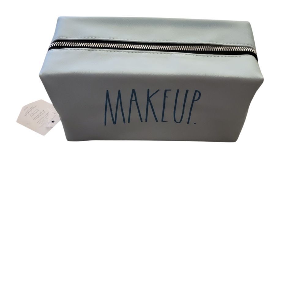Rae Dunn White Cosmetic Pouch with Blue Text